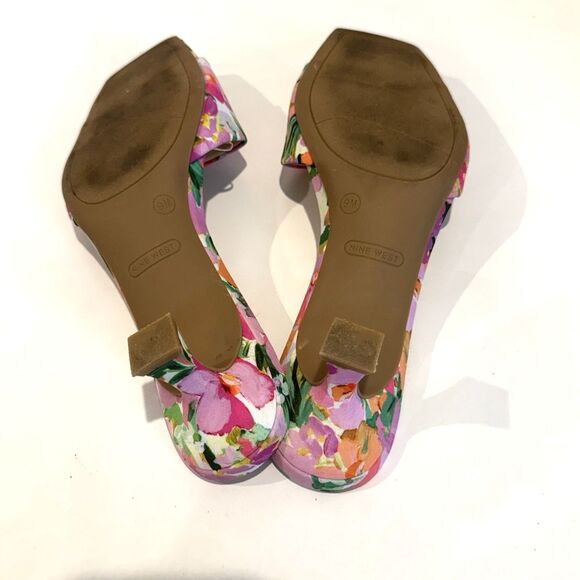 Nine West Kitten Heels Luvlie Slide Slip On Sandal Pink Floral Square Toe 9M - Picture 8 of 10